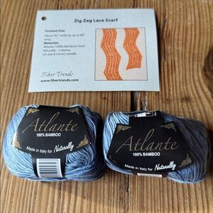2 skeins Atlante light blue 100% Bamboo Yarn with directions to knit lace scarf.